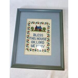Vintage Bless This House Oh Lord We Pray Framed Cross Stitch Sampler Blue 8x10